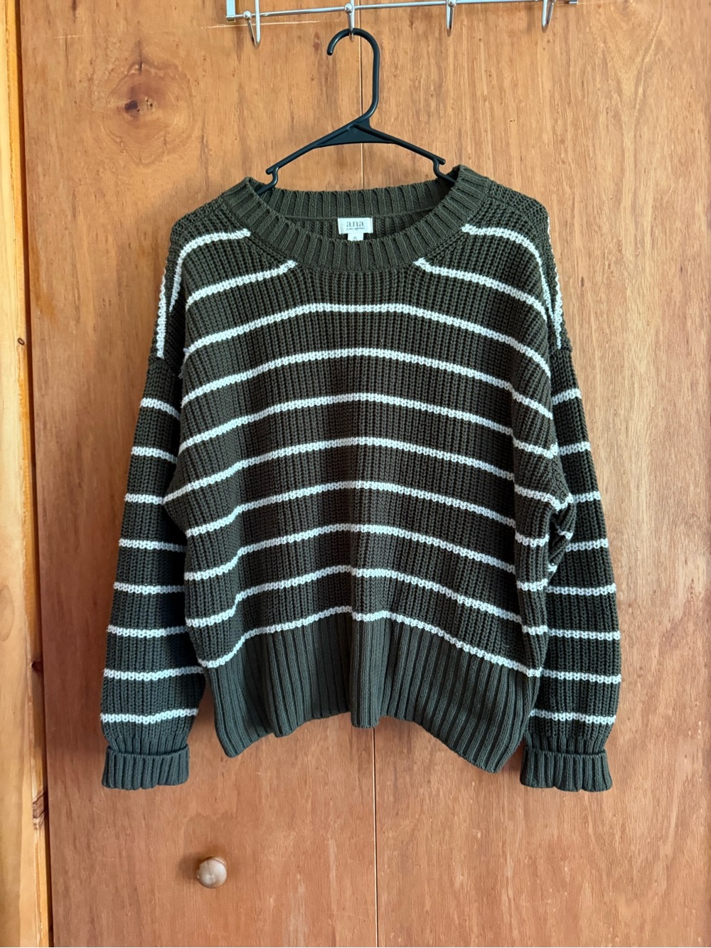a.n.a Olive & Cream Striped Crewneck Sweater